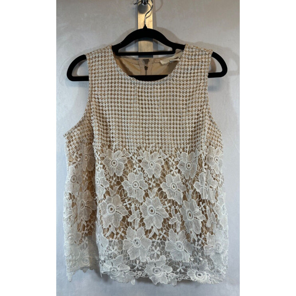 Sans Souci Tops - Sans Souci Top Women's L Lace Overlay White Beige Lining Sleeveless Blouse D21
